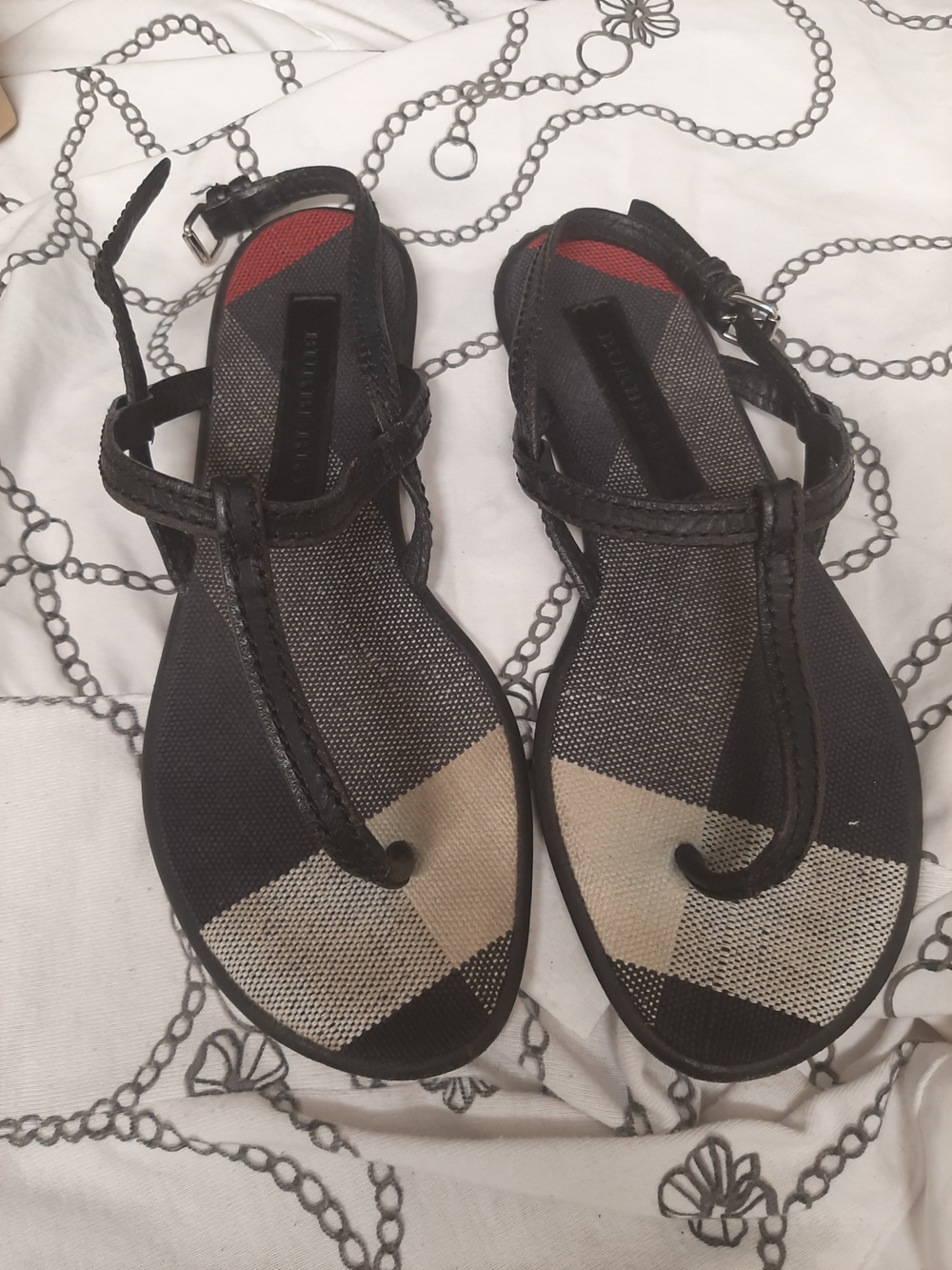 Burberry Women’s Black Check T-Strap Sandals